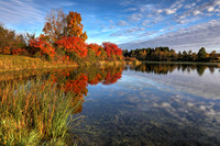 Autumn colors reflected in lake, Logan County, Ohio, October 30, 2018