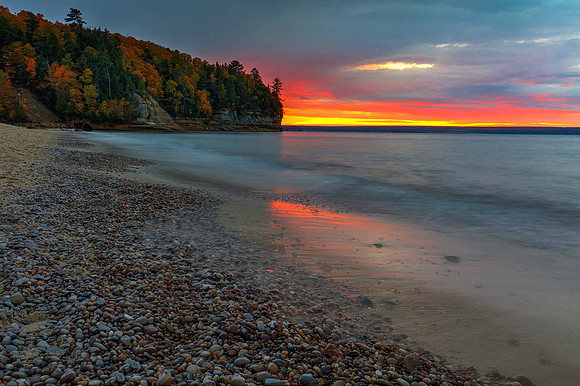 Pictured Rocks National Lakeshore, Miners Beach sunset, Upper Peninsula, Michigan, October 13, 2018